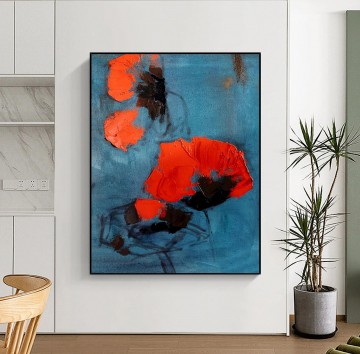 花 鳥 Painting - パレットナイフによる抽象的な赤い花柄ウォールアートミニマリズム